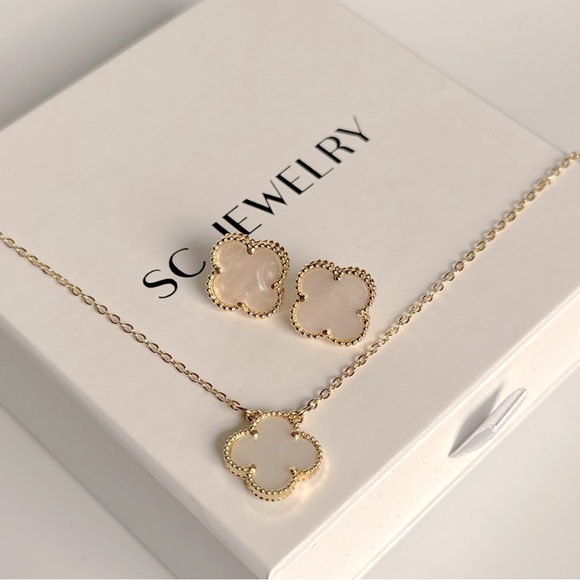 14k Gold Plated Clover Necklace & Earrings Mother of Pearl - Picture 5 of 8